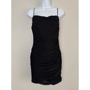 Klesis black ruched mesh criss cross mini dress L
